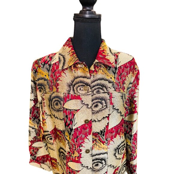 Sunflower Print Design Jacket Blazer Top Plus Size 1 Silk Blend Red Black Boho - Picture 5 of 9